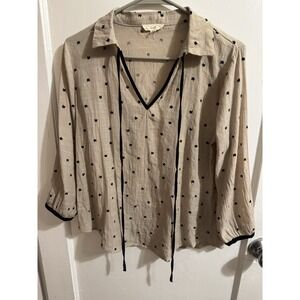 EAM Women's Beige Cat Print V Neck Tie Neck Long Sleeve Blouse Top Size L